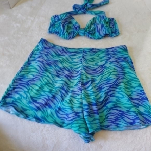 Vintage Jantzen Blue Green Wavy Pattern Two Piece Scalloped Hem Swimsuit - Picture 2 of 14
